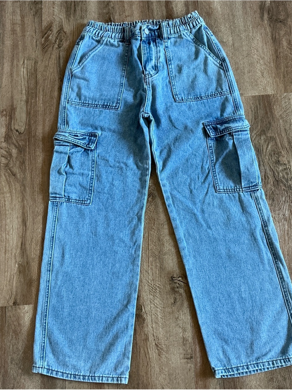 Cargo Pants Size 28 Jeans Wide Leg Elastic Waist Pockets Utility Medium Blue Was